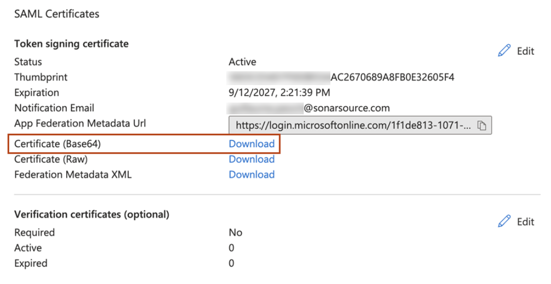 SAML certificates section of Microsoft Entra ID