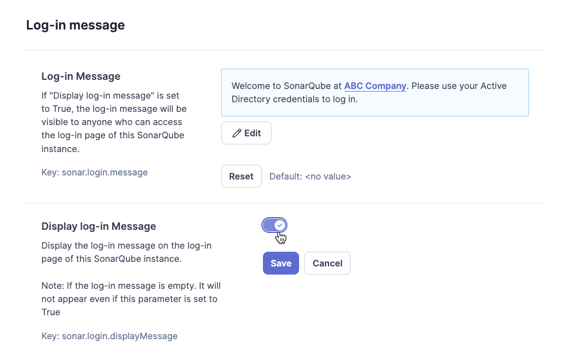 Switch on/off the option to display a message. The text entered in Log-in Message will be displayed as message.