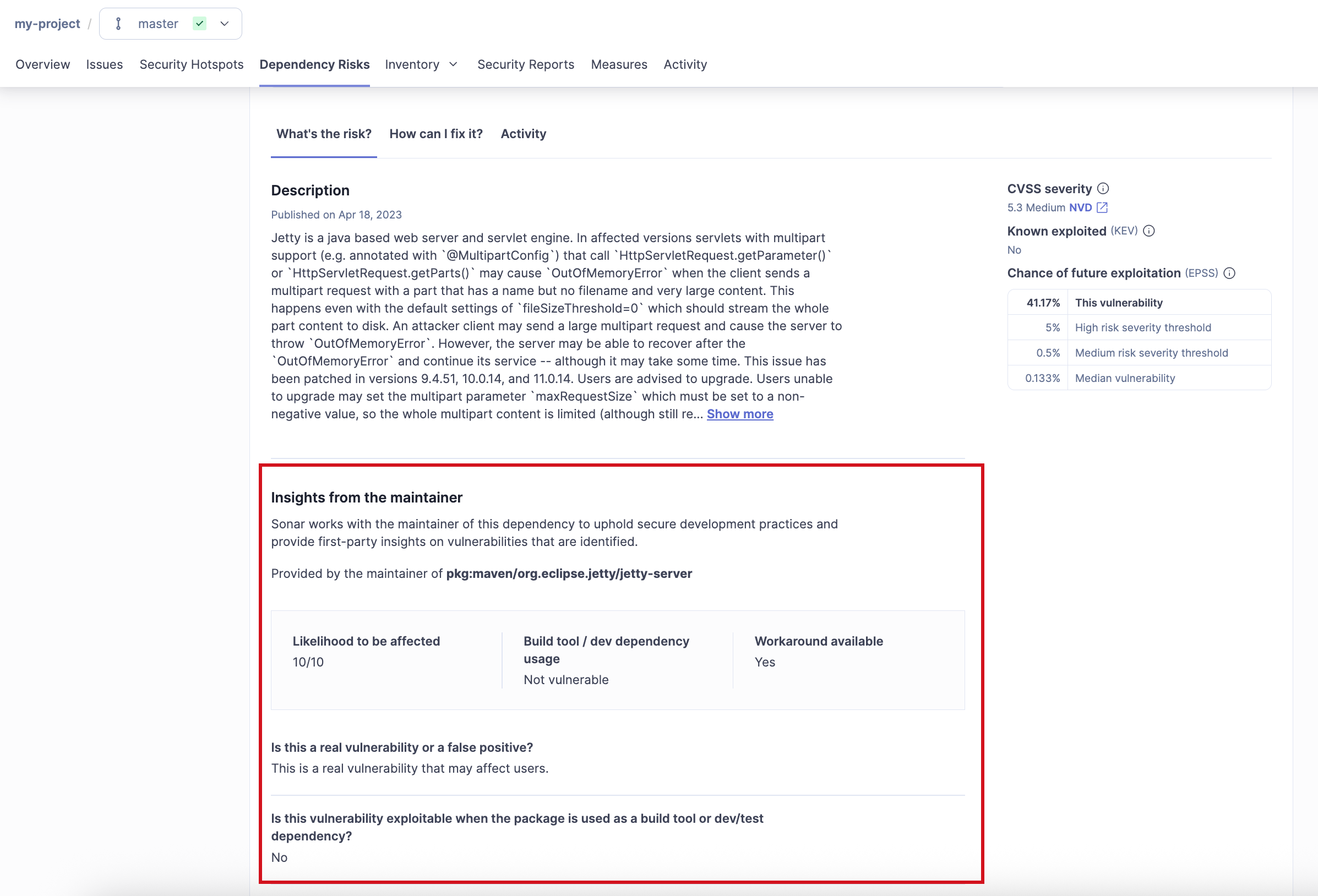 The insights from the maintainer section of the dependency risk detailed view.