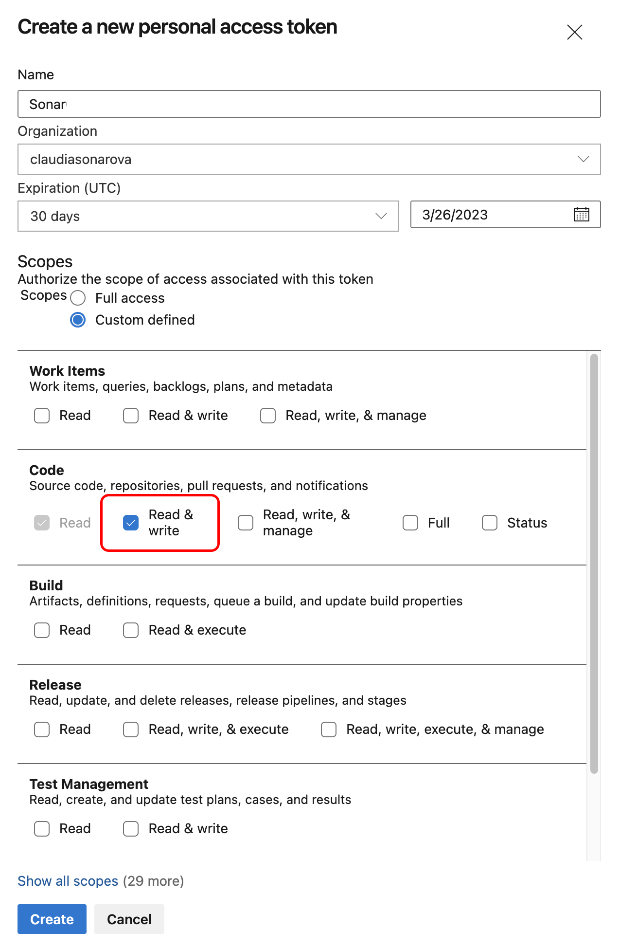 Create a new personal access token modal