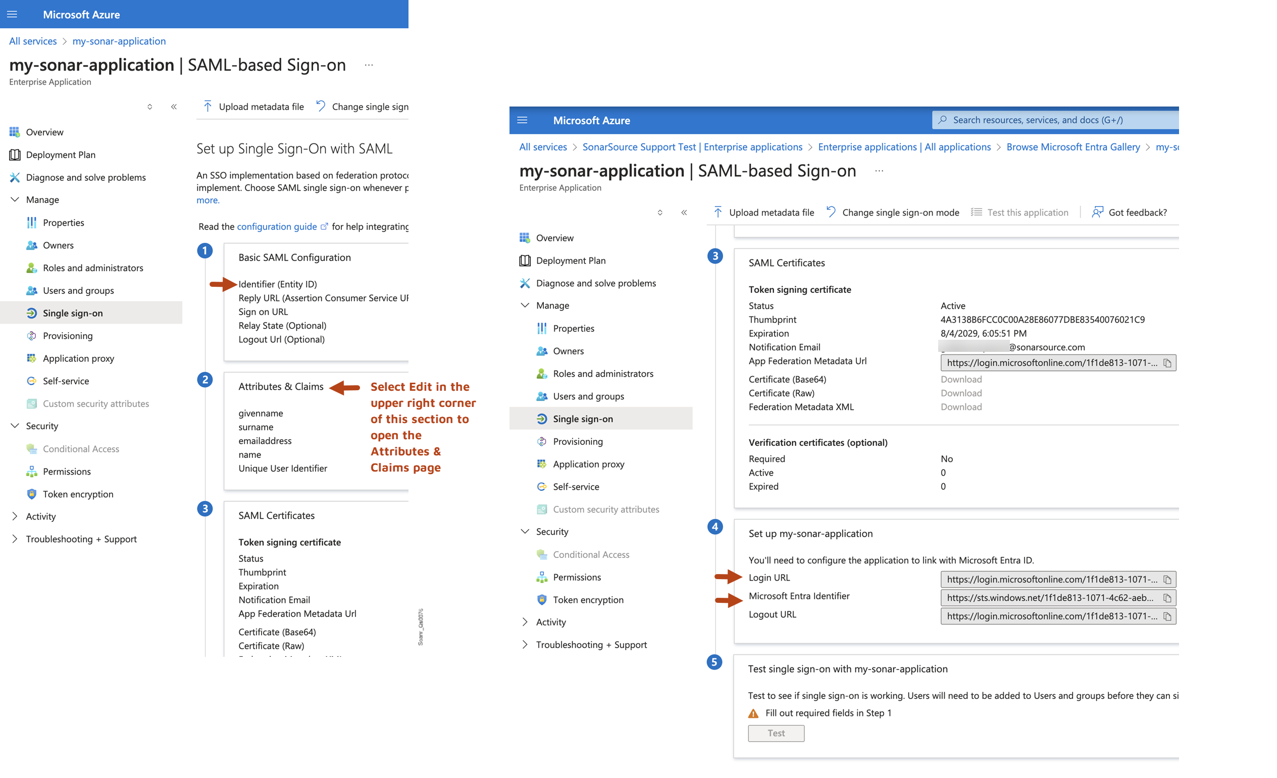 Locate in MS Entra ID the field values to be copy-pasted to SonarQube