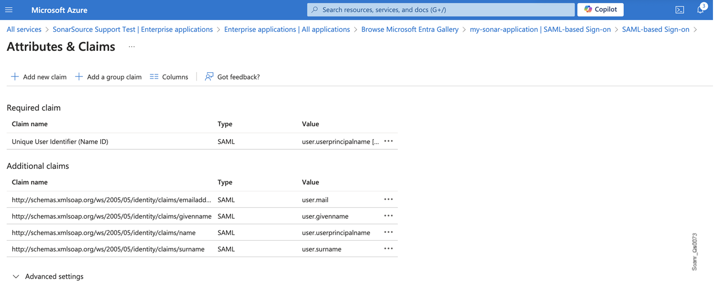 Attributes & Claims section in Microsoft Entra ID