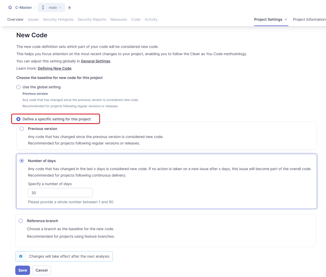 Defining a specific setting for the project's new code definition