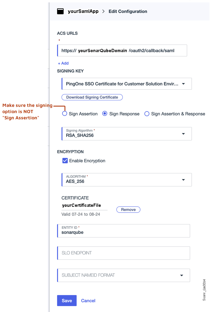 Make sure the signing option is not Sign Assertion