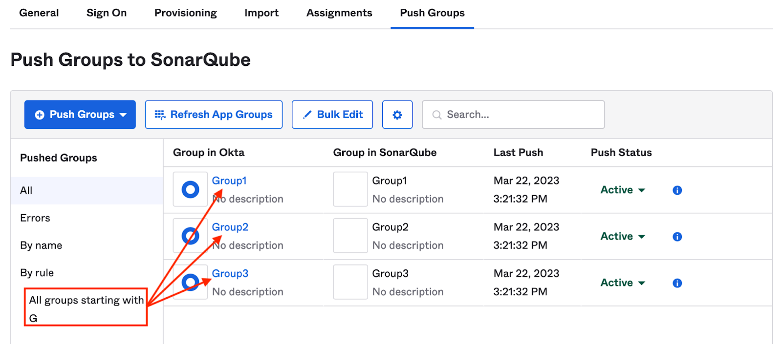 Create a rule in Okta to push groups to SonarQube